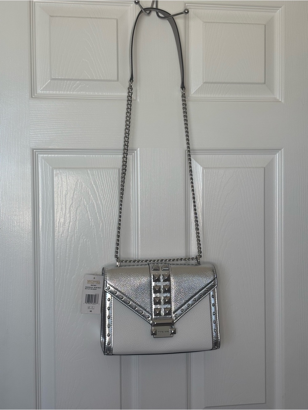 NWT Michael Kors Whitney Silver Metallic Studded Chain Crossbody - Picture 1 of 11
